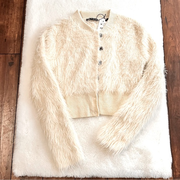 Zara Faux Fur Jacket Ivory Size Medium NWT - Picture 2 of 16
